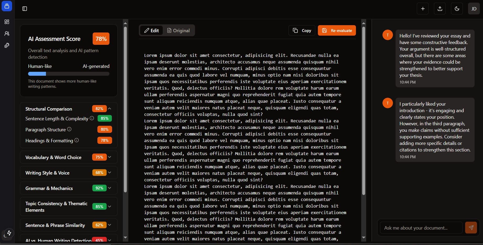 AI writing analysis dashboard